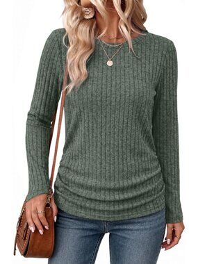 👚Women's Green Long Sleeve Shirts Side Ruched Early Fall Crewneck Tunic Tops